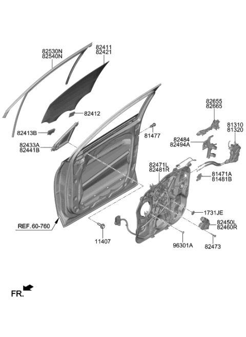 2019 Hyundai Santa Fe Front Door Window Regulator & Glass Diagram