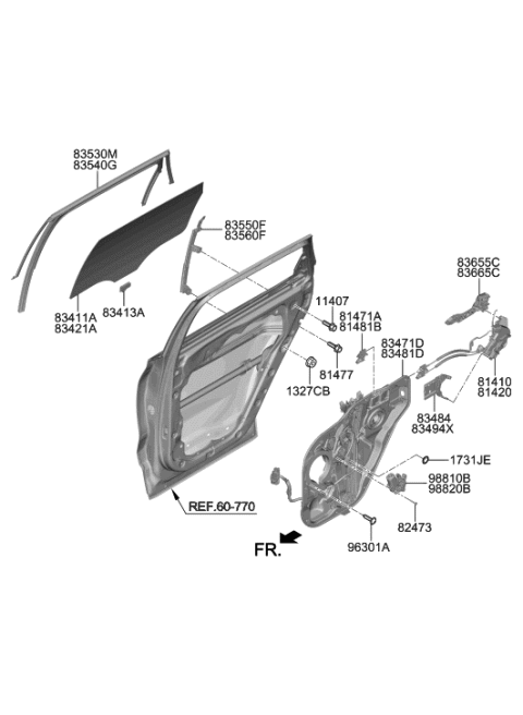 2020 Hyundai Santa Fe Rear Door Window Regulator & Glass Diagram