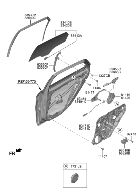 2022 Hyundai Elantra N Rear Door Window Regulator & Glass Diagram