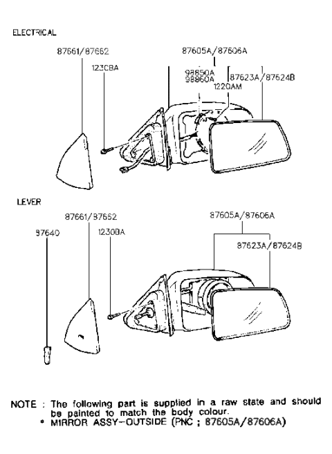 1993 Hyundai Elantra Mirror & Holder Assembly-Outside Rear Vi Diagram for 87607-28100