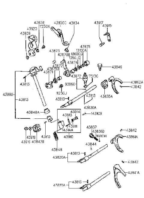 1995 Hyundai Elantra Old Body Style Gear Shift Control (MTM) Diagram