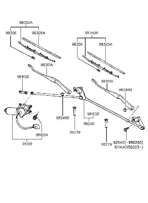 1992 Hyundai Elantra Windshield Wiper Arm Assembly Diagram for 98320-28020