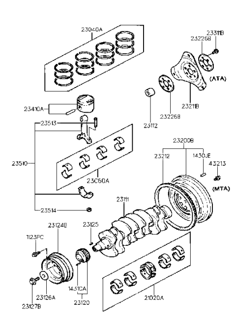 1992 Hyundai Elantra FLYWHEEL Assembly Diagram for 23200-33010