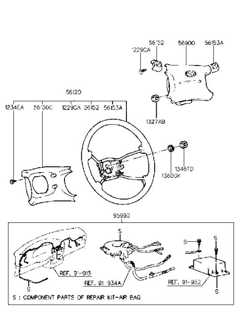 1995 Hyundai Elantra Steering Wheel Assembly Diagram for 56110-28010-AQ