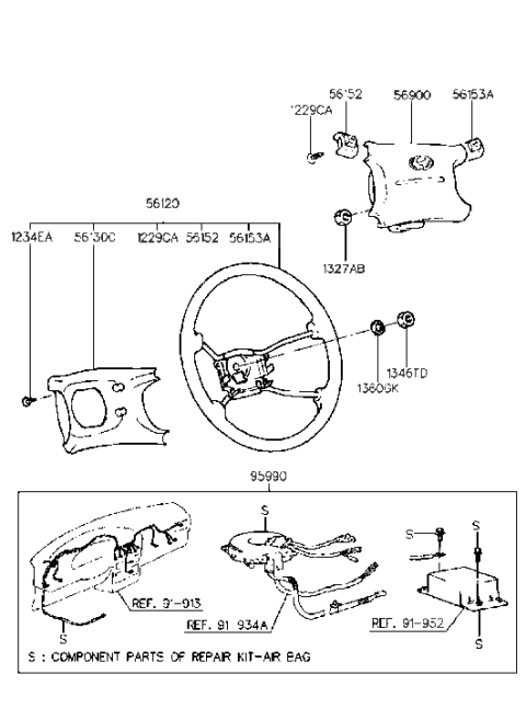 1995 Hyundai Elantra Steering Wheel Assembly Diagram for 56110-28025-FD