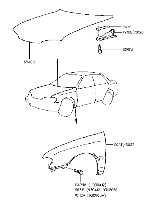 1994 Hyundai Elantra Fender & Hood Panel Diagram