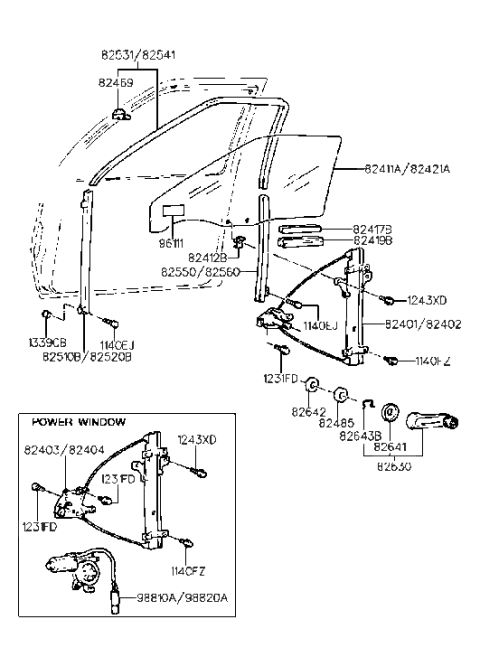 1991 Hyundai Elantra Front Left Power Window Regulator Assembly Diagram for 82403-28100