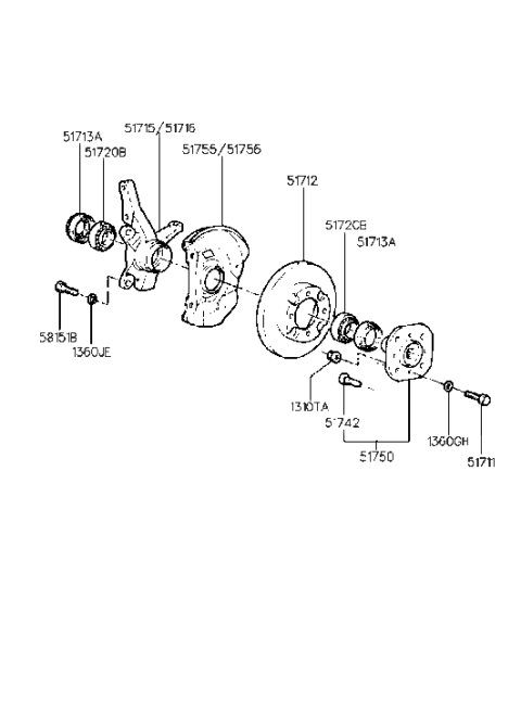 1993 Hyundai Elantra Knuckle-Front Axle,LH Diagram for 51715-28100