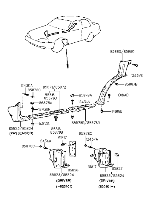 1991 Hyundai Elantra Trim-Cowl Side LH Diagram for 85823-28111-FD