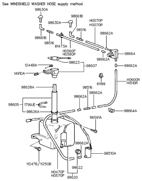 1991 Hyundai Elantra Hook-Washer Hose Guide Diagram for 98664-28000