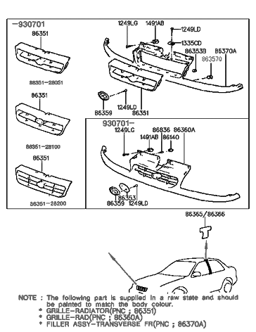 1993 Hyundai Elantra Radiator Grille Diagram for 86351-28051-CA