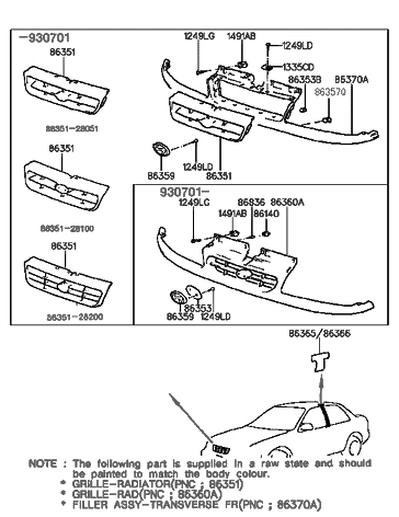 1993 Hyundai Elantra RETAINER-Radiator Grille Assembly Diagram for 86357-28000