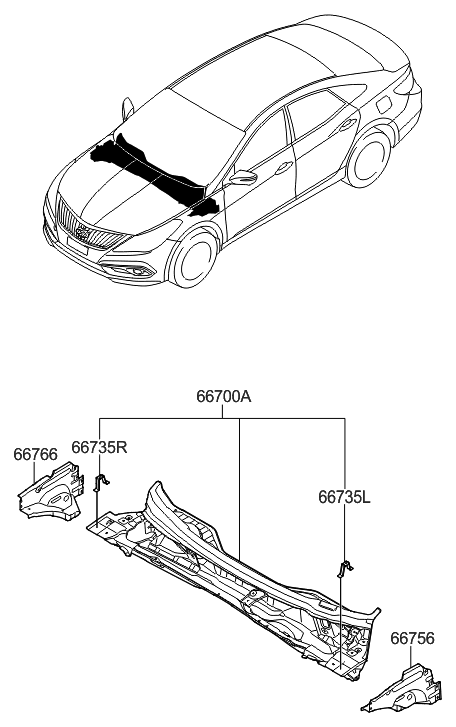 2016 Hyundai Azera Panel-Cowl Side Outer Upper,RH Diagram for 66766-3V000