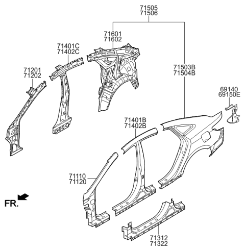 2002 Hyundai Sonata Pillar Assembly-Center Inner,RH Diagram for 71402-3V150