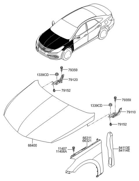 2015 Hyundai Azera Fender & Hood Panel Diagram