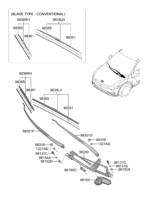 2022 Hyundai Ioniq 5 Driver Wiper Blade Assembly Diagram for 98350-S1000