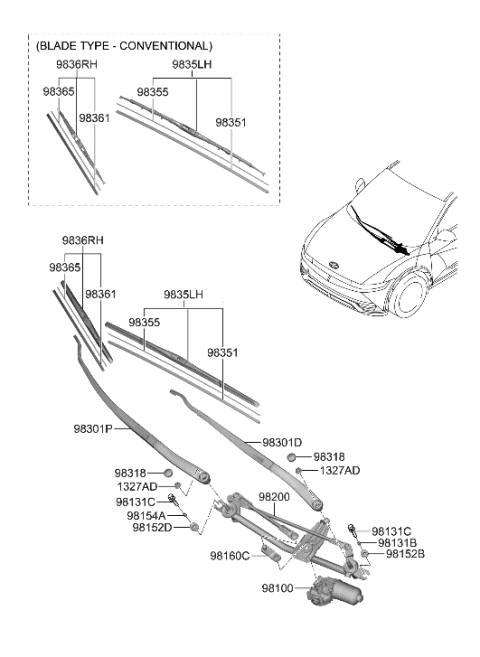 2016 Hyundai Azera Crank Arm-Windshield WIPER Motor Diagram for 98160-2W000