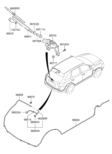 1997 Hyundai Tiburon Rear Wiper Arm Assembly Diagram for 98811-3J000