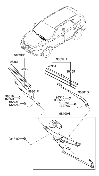 2019 Hyundai Sonata Hybrid Windshield Wiper Motor & Link Assembly Diagram for 98100-3J000