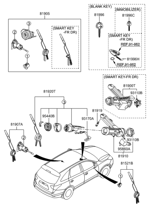 2021 Hyundai Elantra Lock Key & Cylinder Set Diagram for 81905-3J030