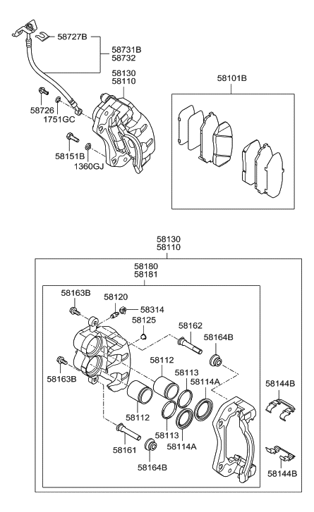 1997 Hyundai Tiburon CALIPER Kit-Front Brake,RH Diagram for 58190-3JA00