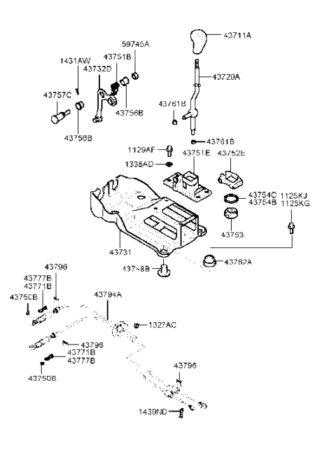 2001 Hyundai Sonata Manual Transmission Lever Cable Assembly Diagram for 43794-38501