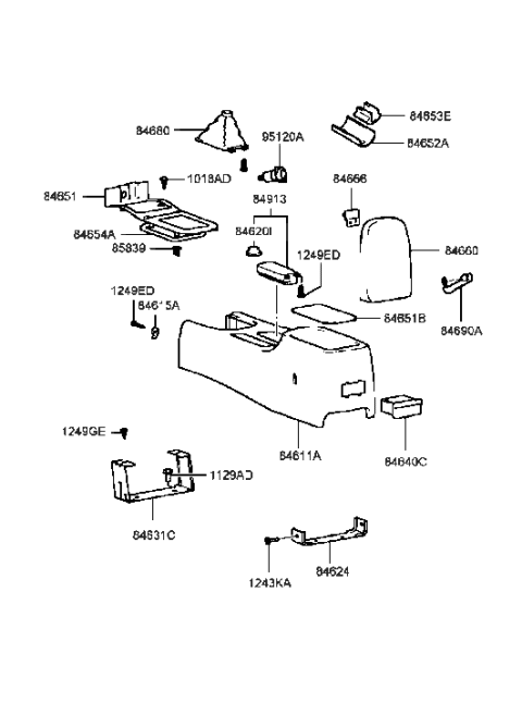 1998 Hyundai Sonata Console Armrest Assembly Diagram for 84660-38250-BZ