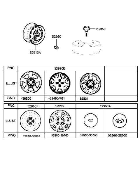 2000 Hyundai Sonata Steel Wheel Hub Cap Assembly Diagram for 52960-38800