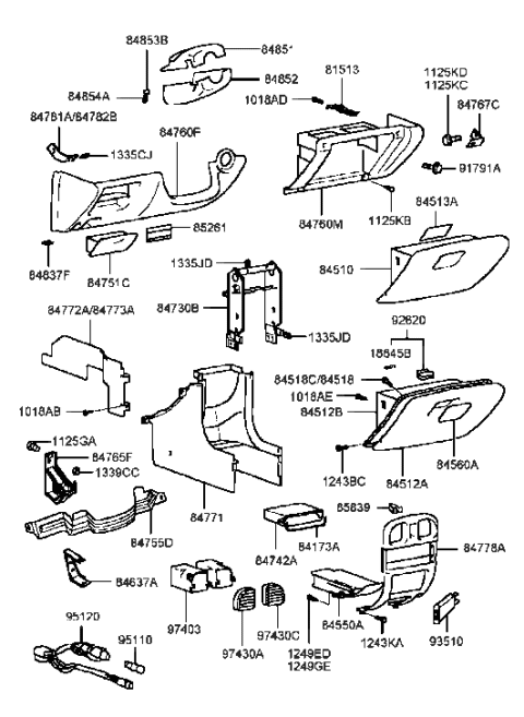 2001 Hyundai Sonata Glove Box Assembly Diagram for 84510-38201-TI