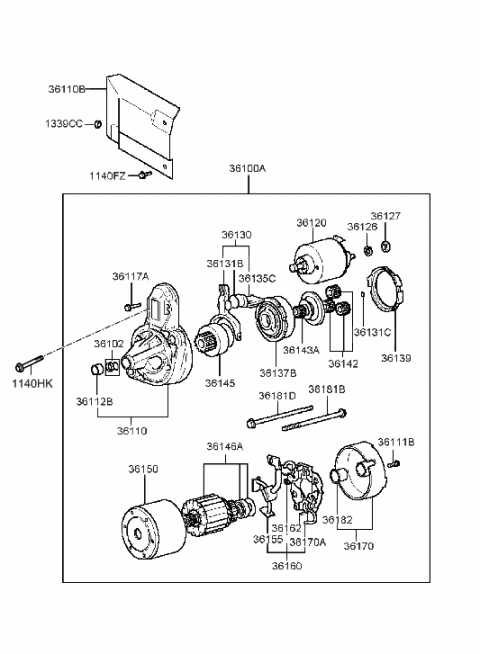 1988 Hyundai Excel Reman Starter Assembly Diagram for 36100-37110-RM