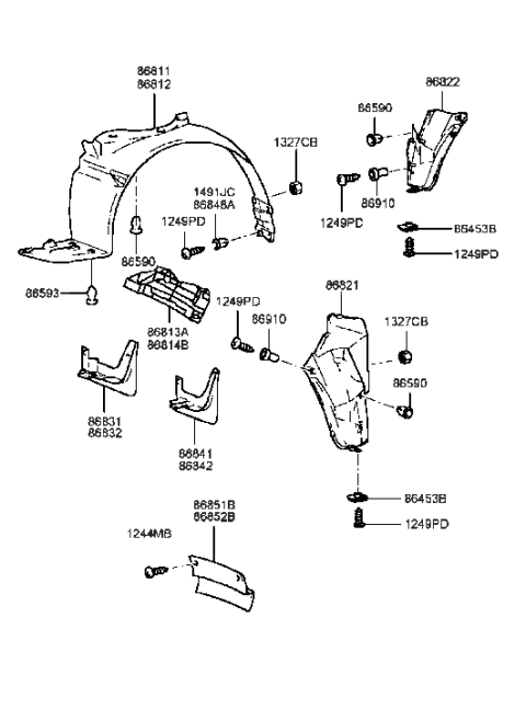 2001 Hyundai Sonata Front Wheel Mud Guard Assembly, Left Diagram for 86831-38000