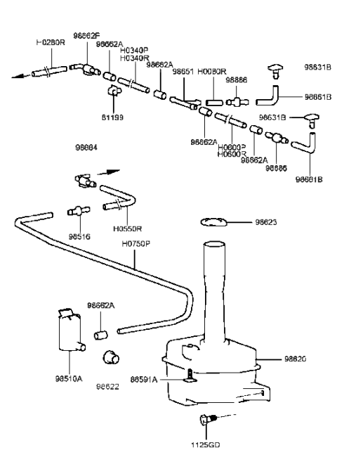 1991 Hyundai Excel Windsheild Washer Nozzle Assembly Diagram for 98630-38000