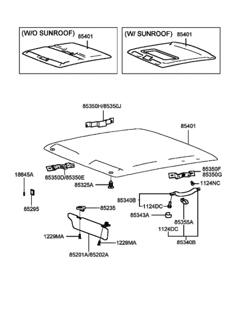 1998 Hyundai Sonata New Body Style Sunvisor & Head Lining Diagram