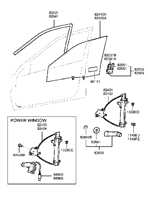 2001 Hyundai Sonata Front Door Window Regulator & Glass Diagram