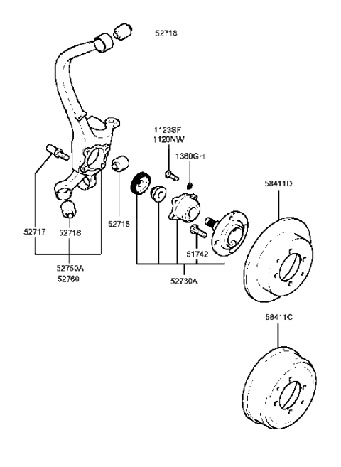 1990 Hyundai Excel Rear Wheel Hub And Bearing Assembly Diagram for 52730-38000