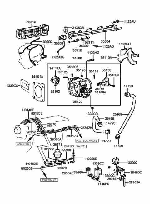 2001 Hyundai Sonata Old Body Style Throttle Body & Injector (I4) Diagram 1