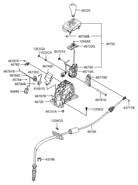 2005 Hyundai Sonata Automatic Transmission Lever Cable Assembly Diagram for 46790-3K100