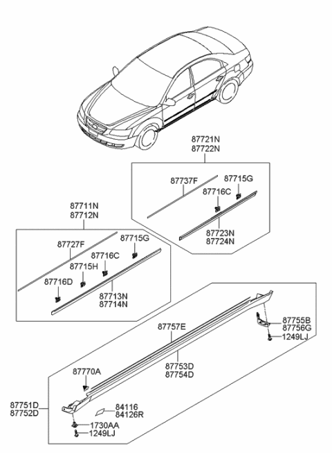 2005 Hyundai Sonata New Body Style (US) Body Side Moulding Diagram