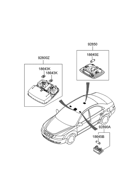 2005 Hyundai Sonata Overhead Console Lamp Assembly Diagram for 92810-3K000-QD