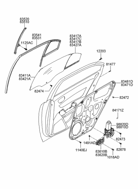 2005 Hyundai Sonata New Body Style (US) Rear Door Window Reg & Glass Diagram