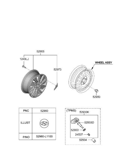 2022 Hyundai Genesis GV70 Aluminium Wheel Assembly Diagram for 52905-G7700