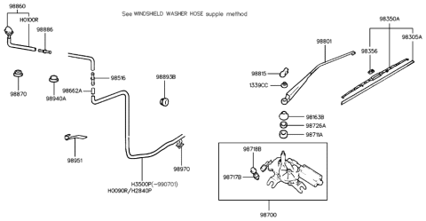 2000 Hyundai Tiburon Wiper Blade Assembly Diagram for 98360-37000