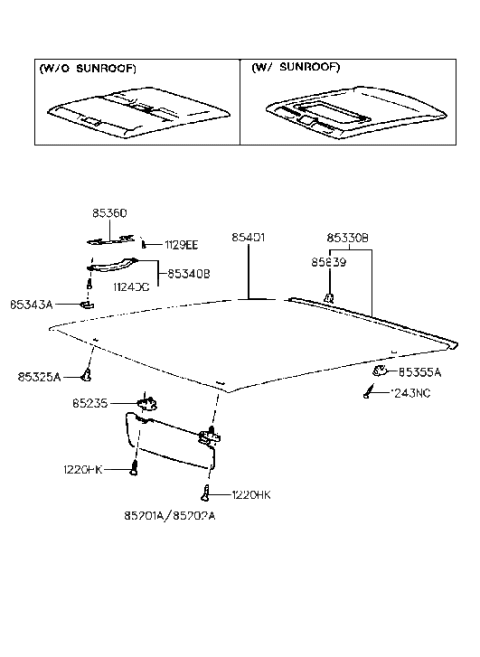 2001 Hyundai Tiburon Old Body Style Sunvisor & Head Lining Diagram