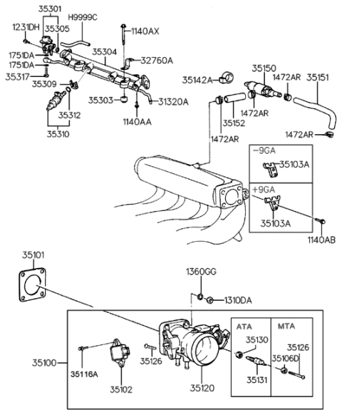 2001 Hyundai Tiburon Old Body Style Throttle Body & Injector (Beta) Diagram