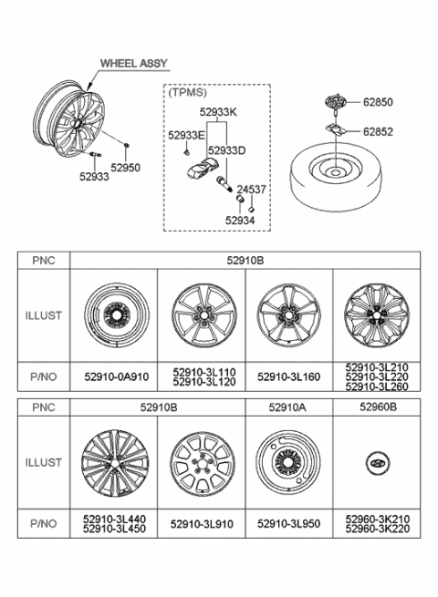 2006 Hyundai Azera Produced After OCT.31.2006 Wheel & Cap Diagram
