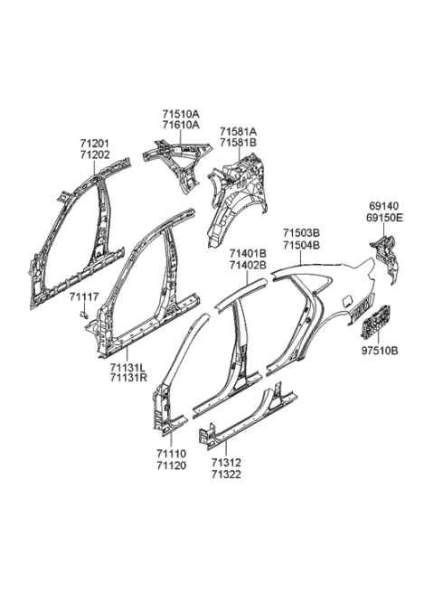 1993 Hyundai Sonata Panel Assembly-Quarter Inner Lower,RH Diagram for 71620-3L100