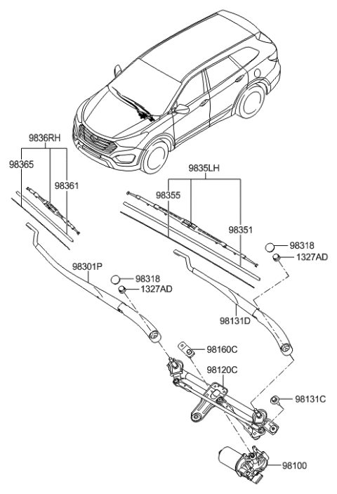 2012 Hyundai Sonata Windshield Wiper Arm Assembly(Passenger) Diagram for 98321-2W000