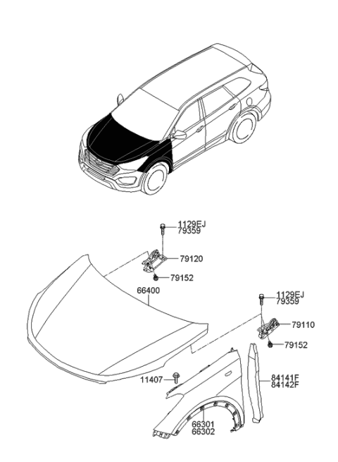 2013 Hyundai Santa Fe Fender & Hood Panel Diagram