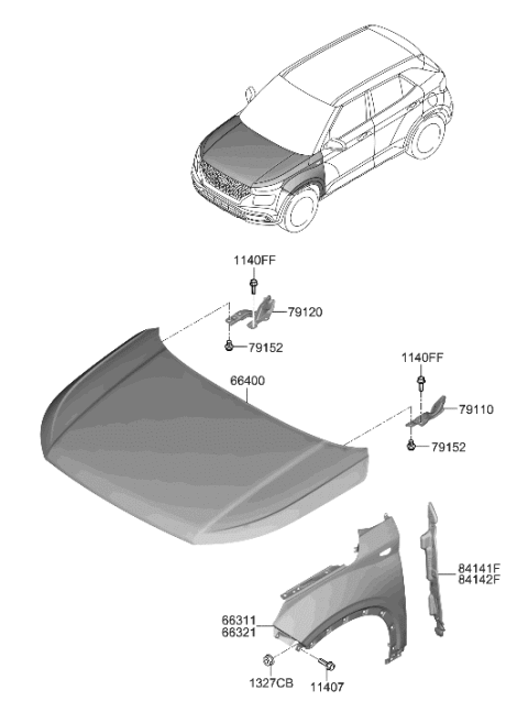 2022 Hyundai Venue Fender & Hood Panel Diagram