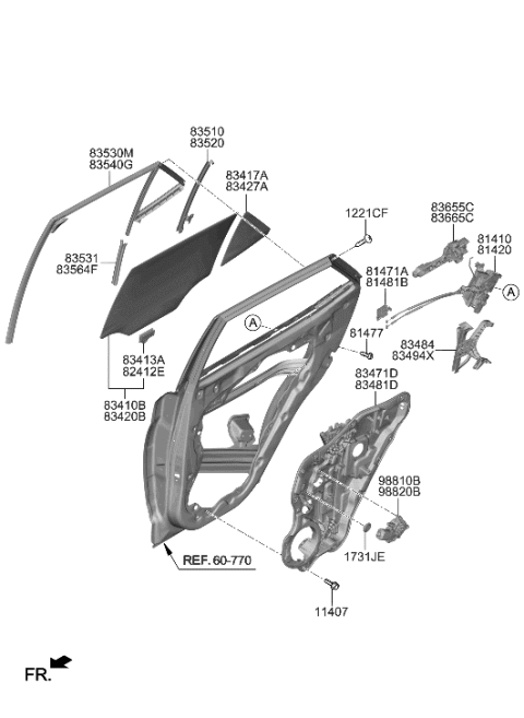 2023 Hyundai Venue Rear Door Window Regulator & Glass Diagram